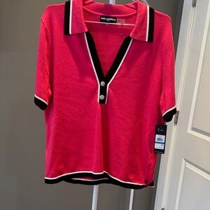 NWT Karl Lagerfeld Pink V Neck Sweater with Black Trim